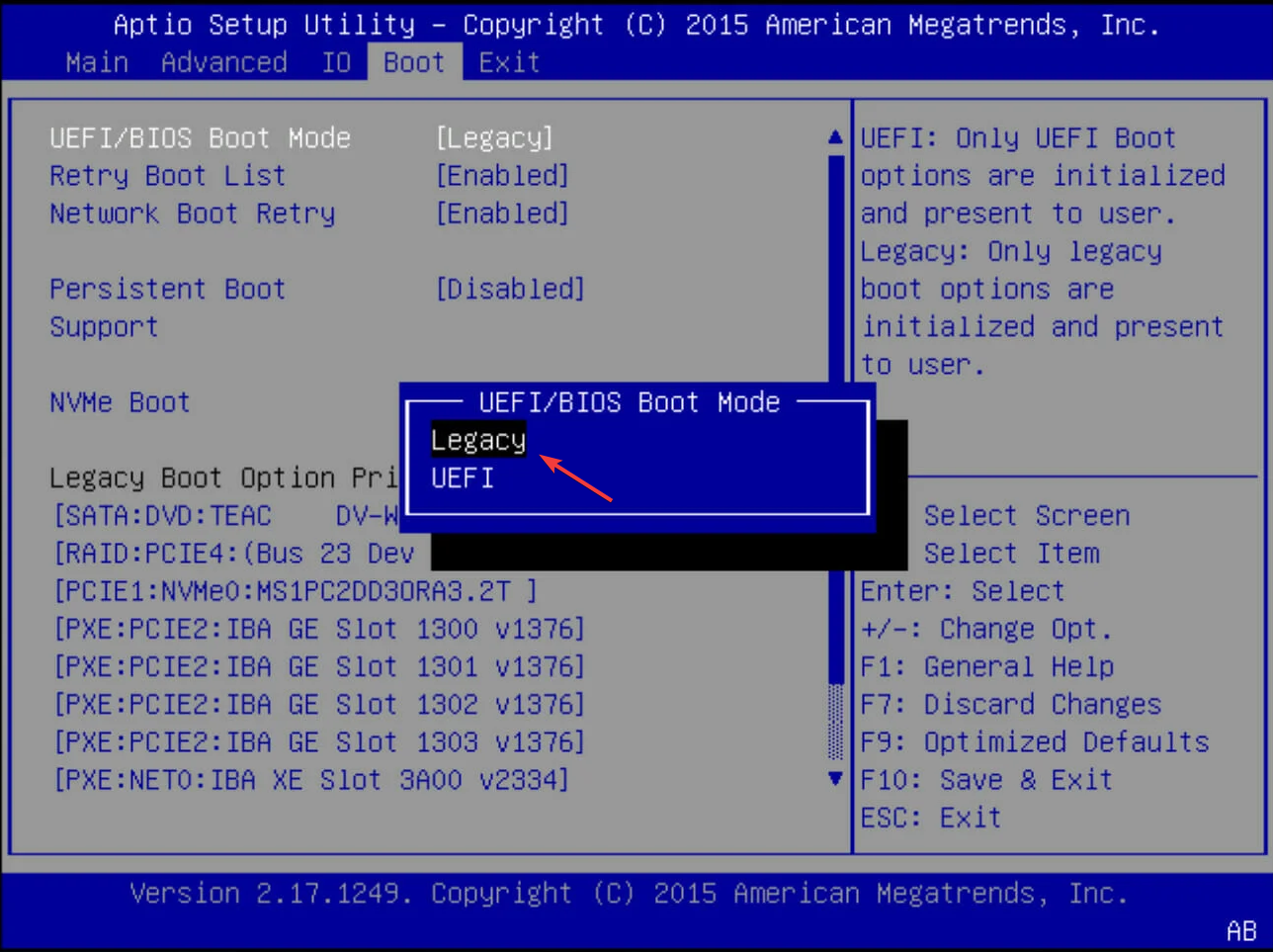 Переключение режима UEFI в Legacy