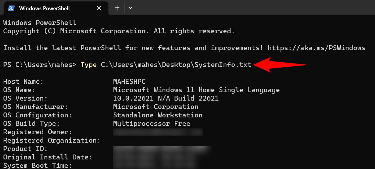 Содержимое TXT-файла показано в PowerShell с помощью команды Type