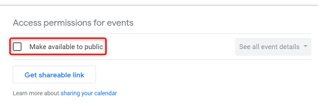 Переключатель Сделать общедоступным в параметрах доступа к событиям