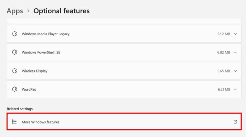 Нажатие «Дополнительные компоненты Windows» в Настройках — Дополнительные функции