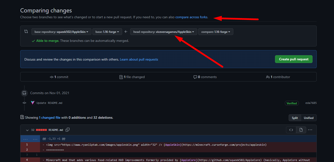 Интерфейс выбора сравниваемых веток при создании Pull Request