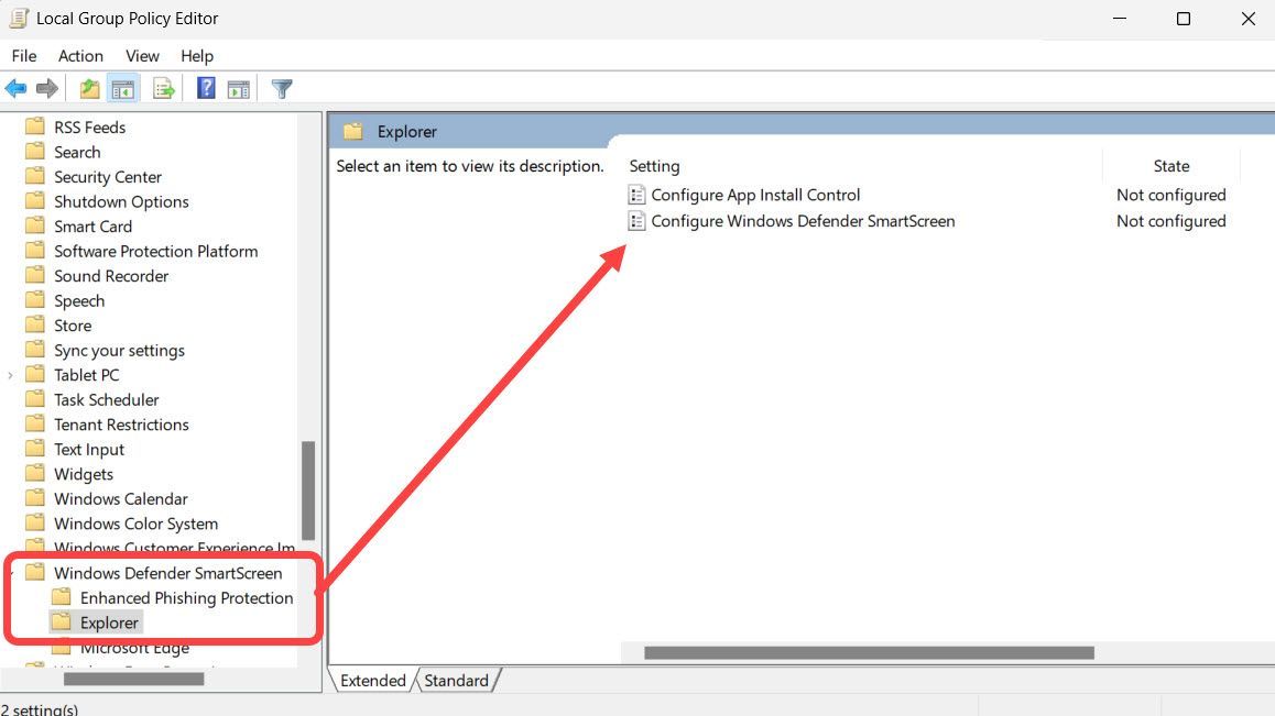 Навигация к Microsoft Defender SmartScreen в Редакторе групповой политики.