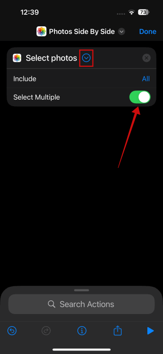 Включение выбора нескольких фото в приложении Команды на iPhone