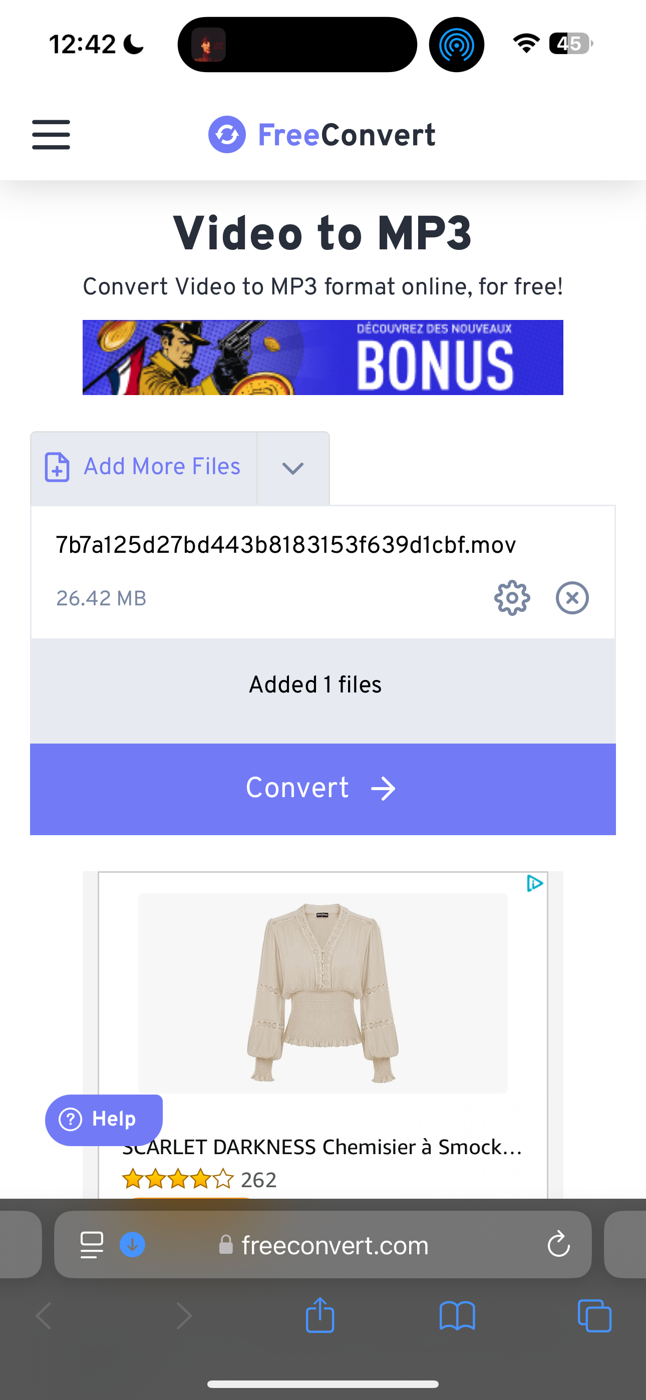 Процесс конвертации файла с помощью FreeConvert