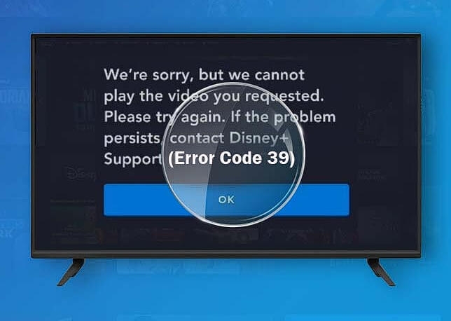Tela de erro mostrando código 39 no app Disney Plus