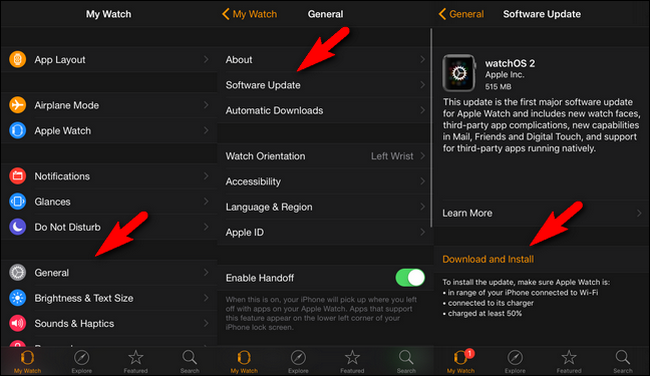 Экран обновления watchOS в приложении Apple Watch на iPhone
