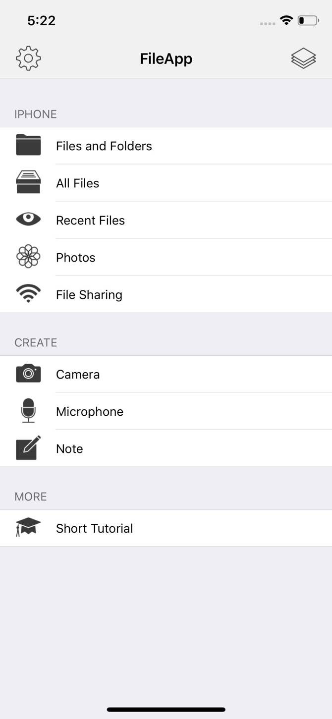 FileApp's main menu screen