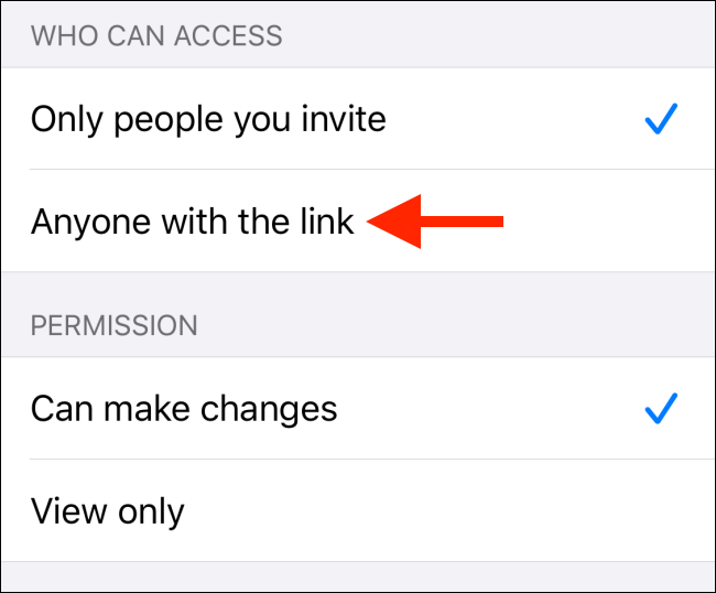 Choose the sharing options