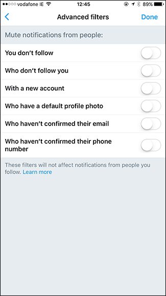 Переключатели для включения фильтров уведомлений в приложении