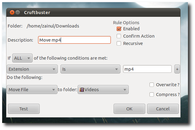 Окно создания правила: условие и действие для файла