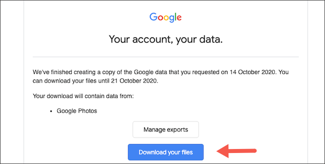Письмо с уведомлением о готовности архива Google Takeout и кнопкой загрузки