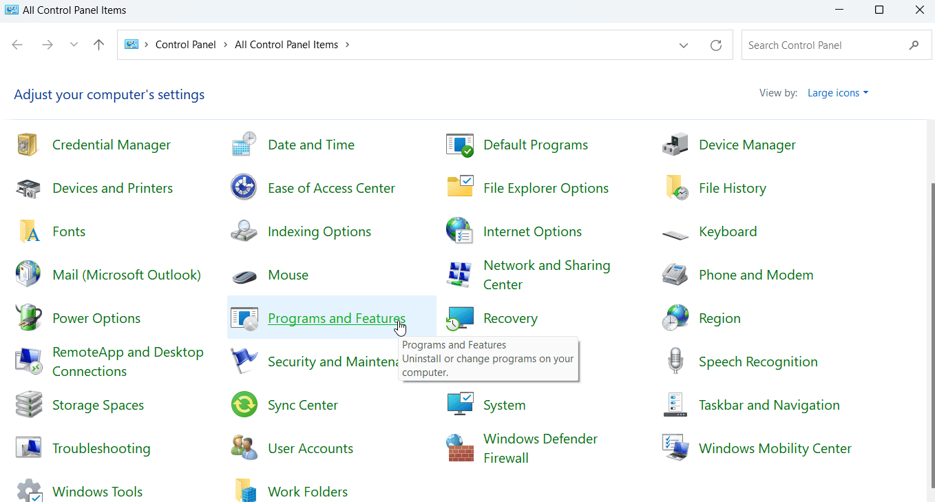 скриншот окна Программы и компоненты