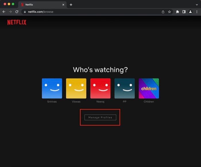 Экран «Управление профилями» в веб-версии Netflix с иконкой редактирования