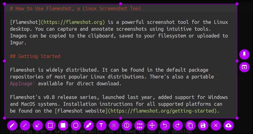 Интерфейс Flameshot при выборе области для скриншота