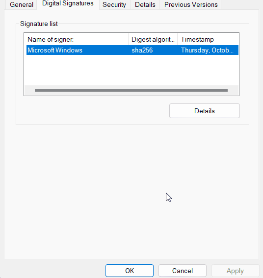 Вкладка цифровых подписей в свойствах файла