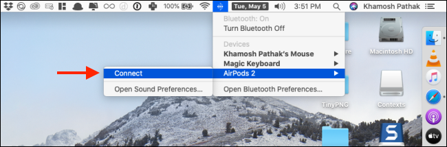 Кликните Подключить из меню AirPods в Bluetooth на macOS
