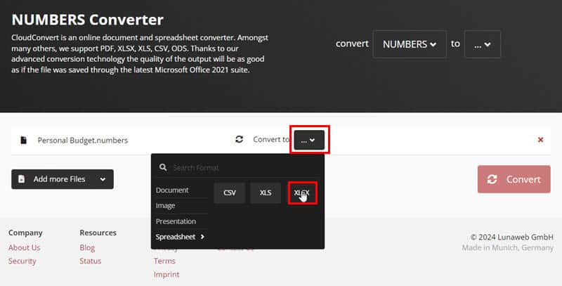 Сайт-конвертер: выбор формата 'XLSX'