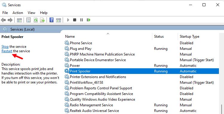 Служба Print Spooler в окне Служб