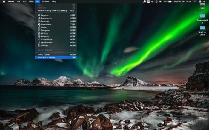 Системные настройки и пункт Подключиться к серверу на macOS
