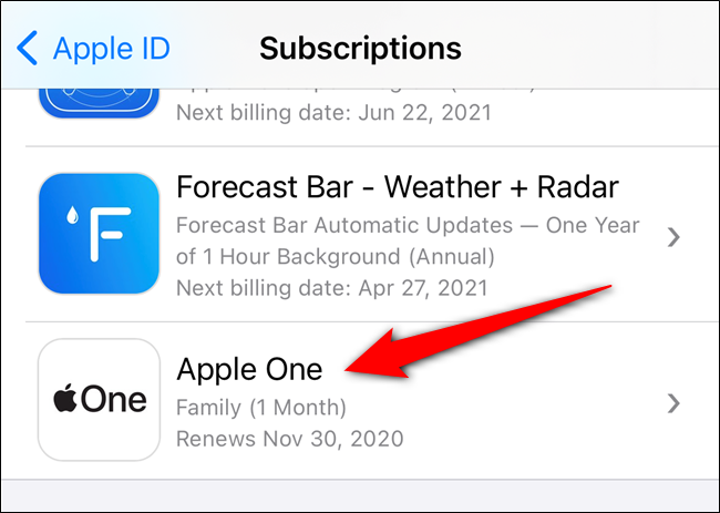 Выберите подписку Apple One в списке подписок