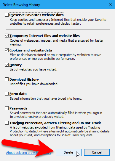 Диалог удаления истории просмотра в IE