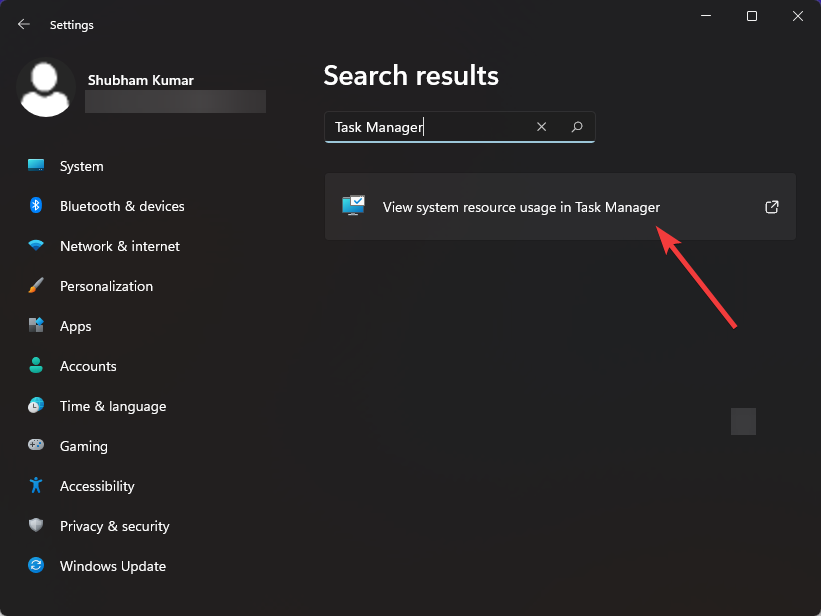 Поиск Диспетчера задач в Параметрах Windows