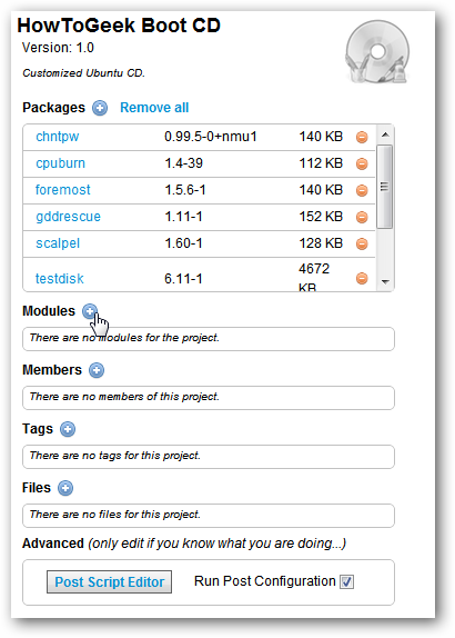 Модуль настройки: список доступных модулей