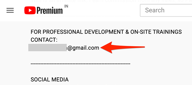 Адрес электронной почты в описании видео на YouTube.