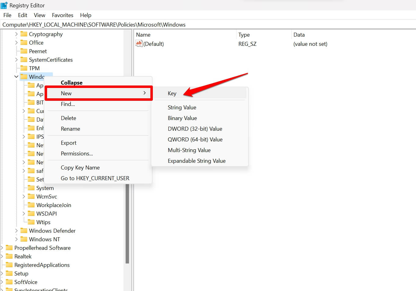 Создать новый подраздел WTips под ключом Windows