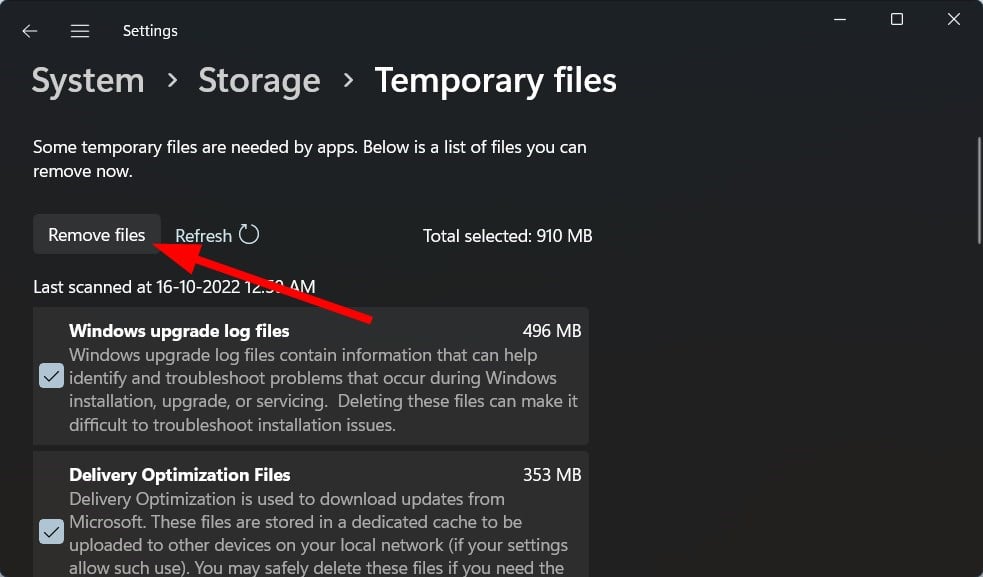 Опция удаления дампов памяти в списке временных файлов