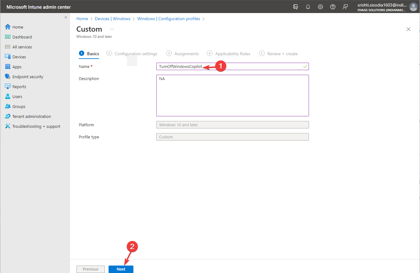 On the Custom page, enter the following details and click Next