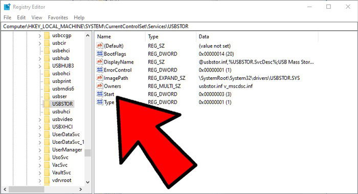 Ключ реестра USBSTOR с настройкой Start