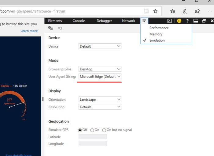 Panel de Emulación en Edge mostrando lista de cadenas de agente de usuario
