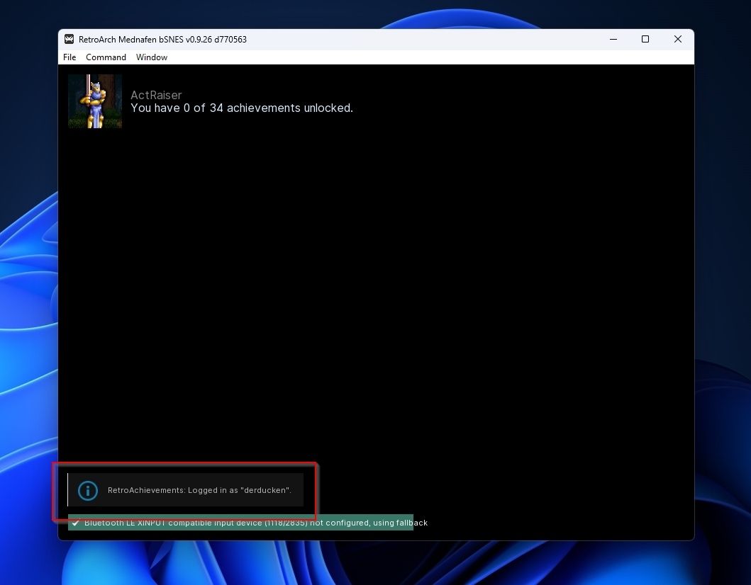 RetroArch — подтверждение входа в RetroAchievements