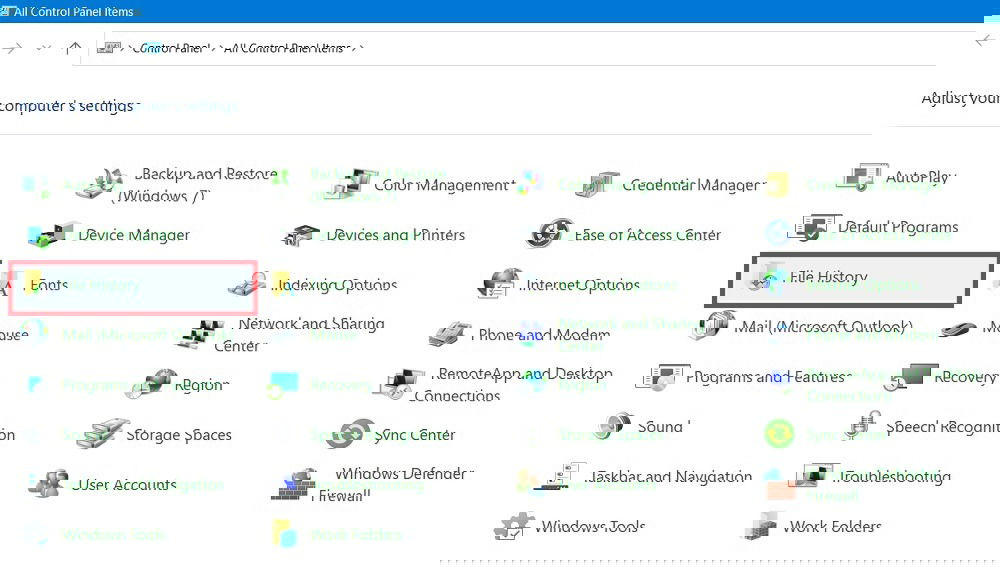 Открытие Истории файлов в Панели управления