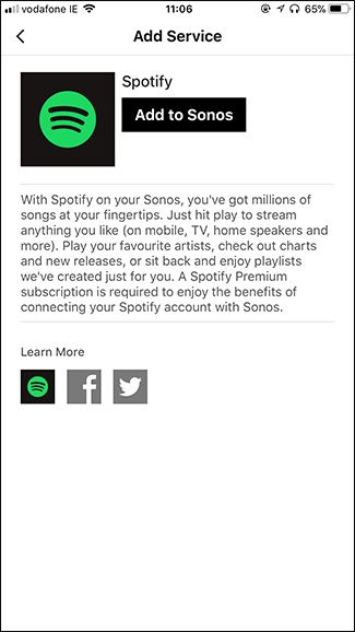 Окно выбора аккаунта Spotify в приложении Sonos
