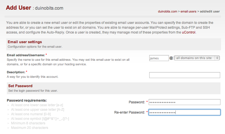 Скриншот экрана управления почтой в панели хостинга
