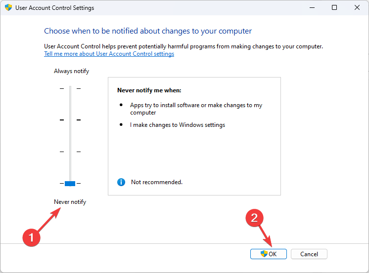 Ползунок UAC установлен на 