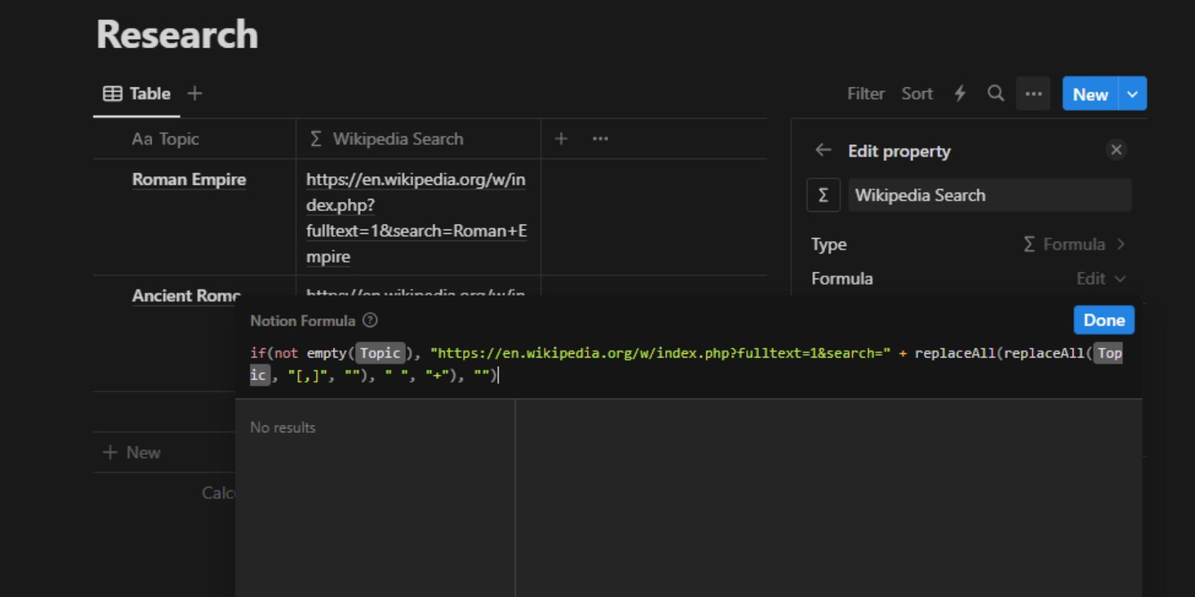 Скриншот Notion: настройка формулы для Wikipedia