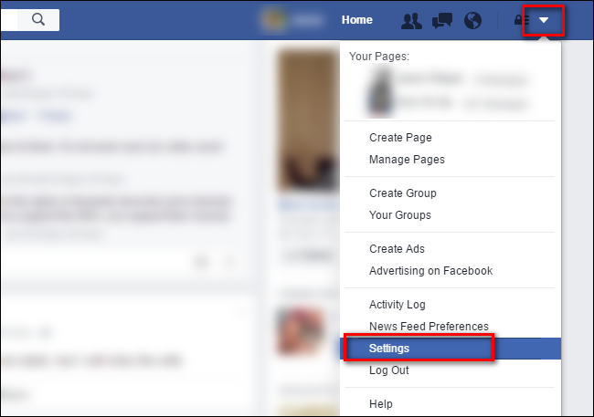 Меню Facebook — раздел Настройки