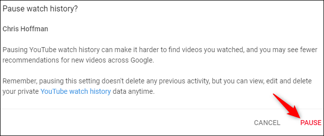 Скриншот: пример уведомления об остановке сбора истории YouTube