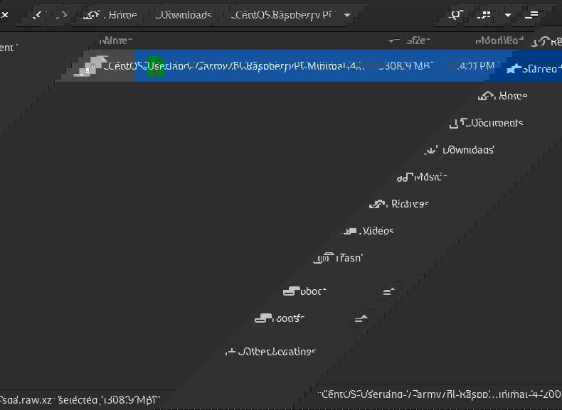 Файловый менеджер с файлом образа CentOS для Raspberry Pi