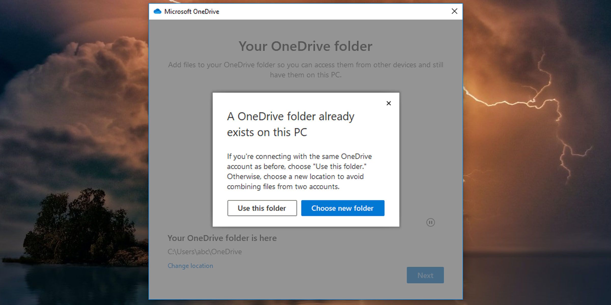 Подтверждение использования текущего местоположения папки OneDrive