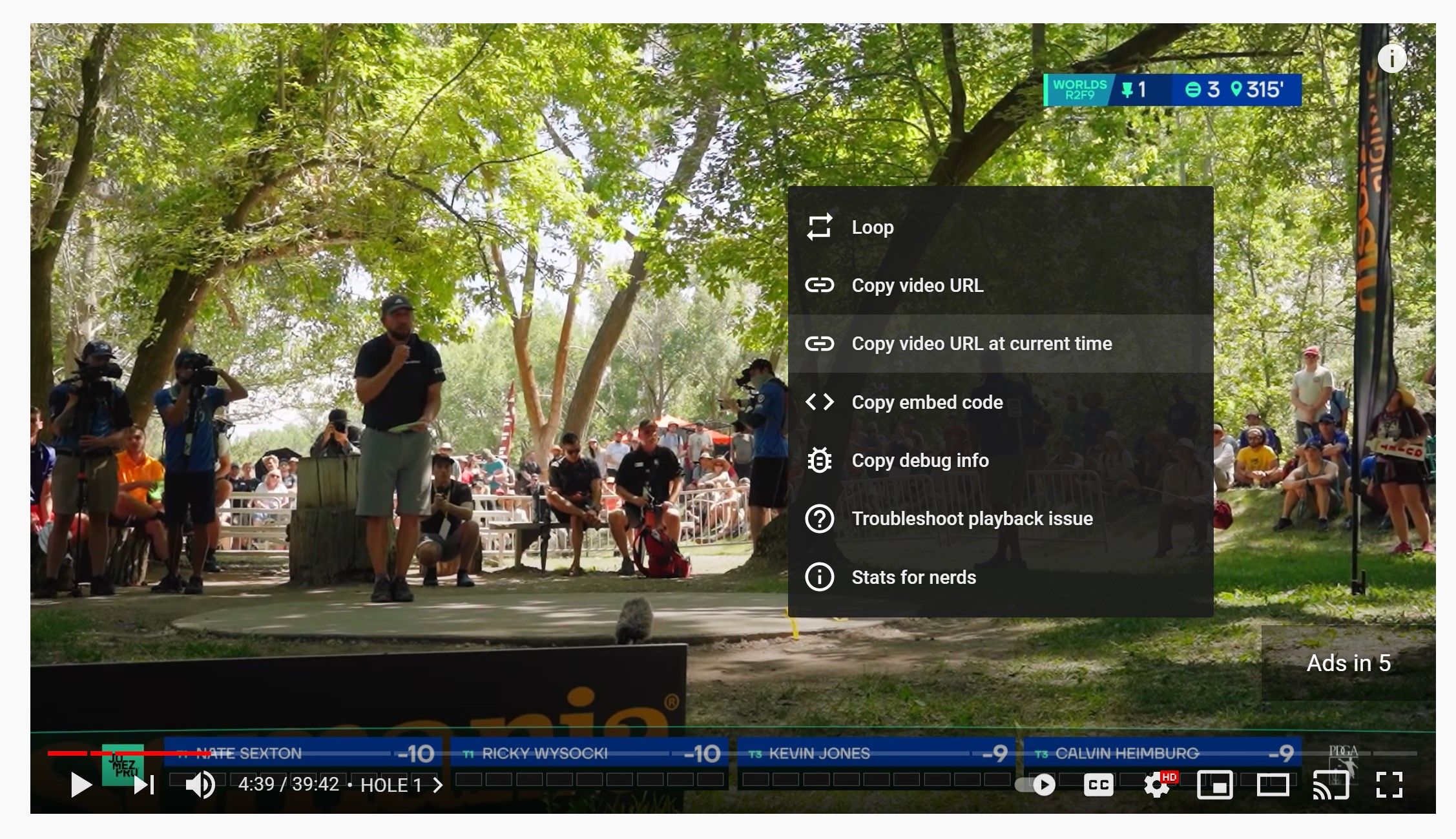 Контекстное меню YouTube с опцией копирования URL с текущего времени