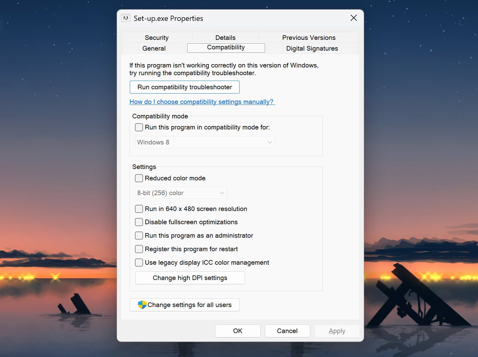 Окно параметров режима совместимости в Windows 11