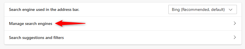 Кнопка «Управление поисковыми системами» в настройках Edge.