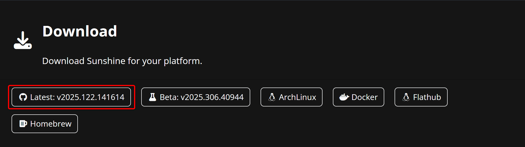 Раздел скачивания на странице Sunshine. 