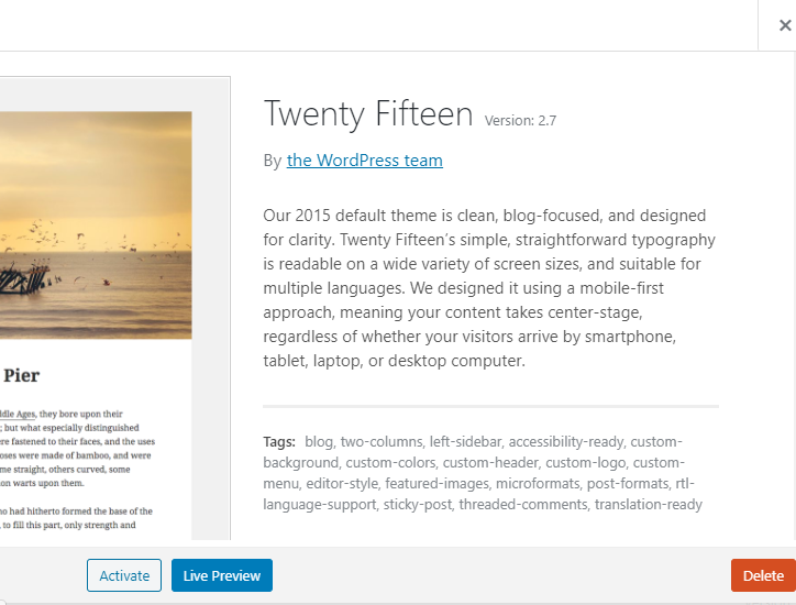 Скриншот: удаление темы в WordPress