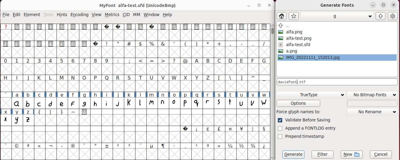 интерфейс FontForge с наборами символов