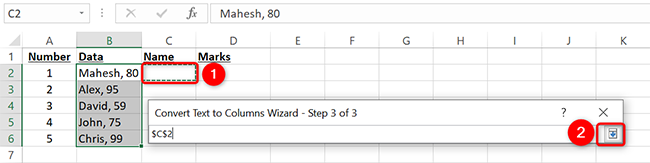 Щелкните ячейку C2, а затем нажмите стрелку вниз.
